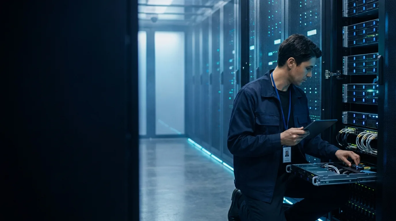 Engenheiro de data center Seprol verificando diagnósticos em corredor de racks com iluminação azul