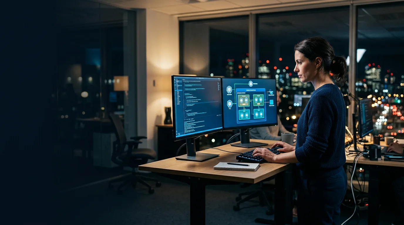 Desenvolvedor em estúdio de software à noite, painéis de código e orquestração de contêineres