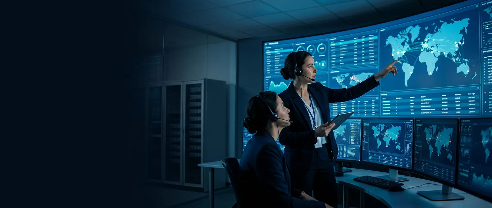 Equipe Seprol em centro de operações monitorando painéis 24x7