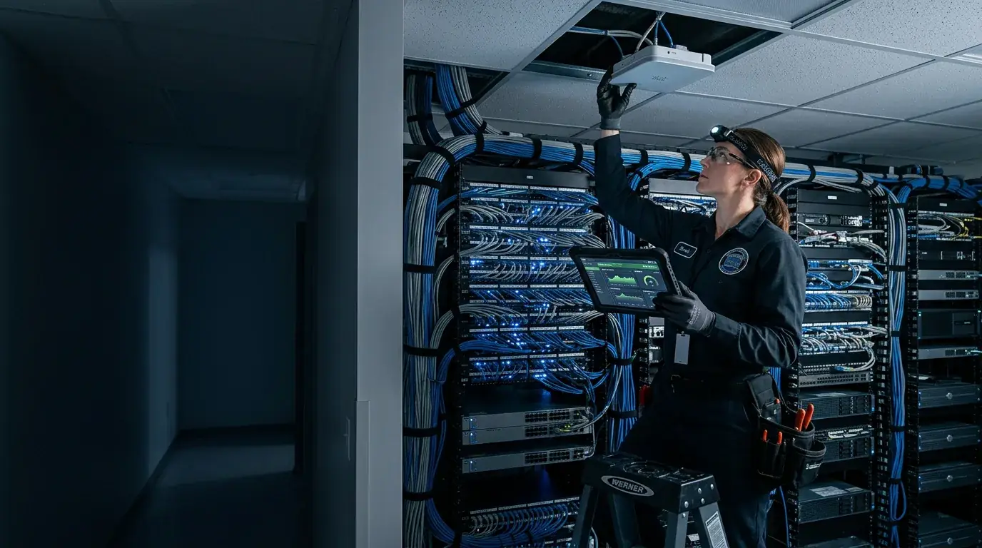 Técnico de redes instalando access point e verificando conectividade em painel de cabeamento estruturado